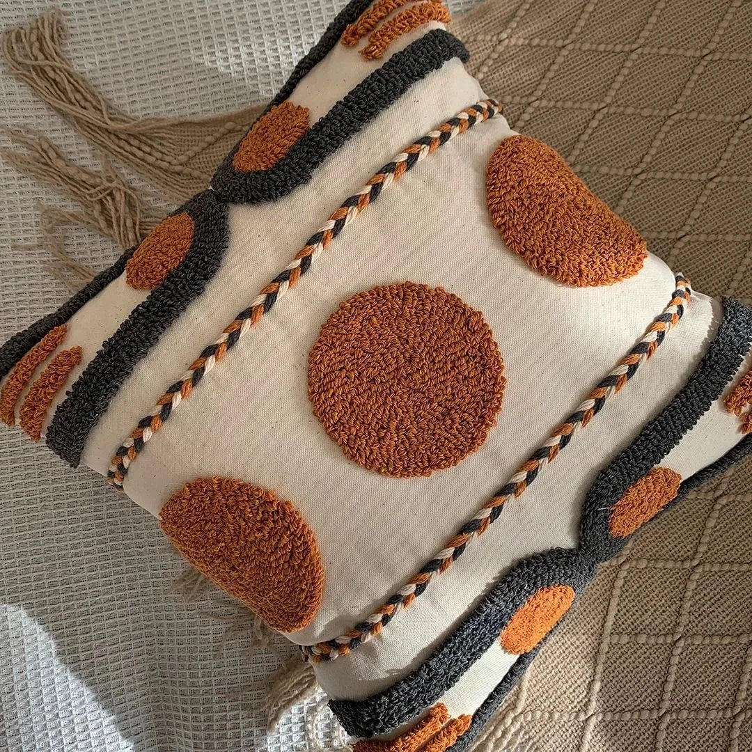 Embroidered cushion cover with pompoms – “Bohemian” collection