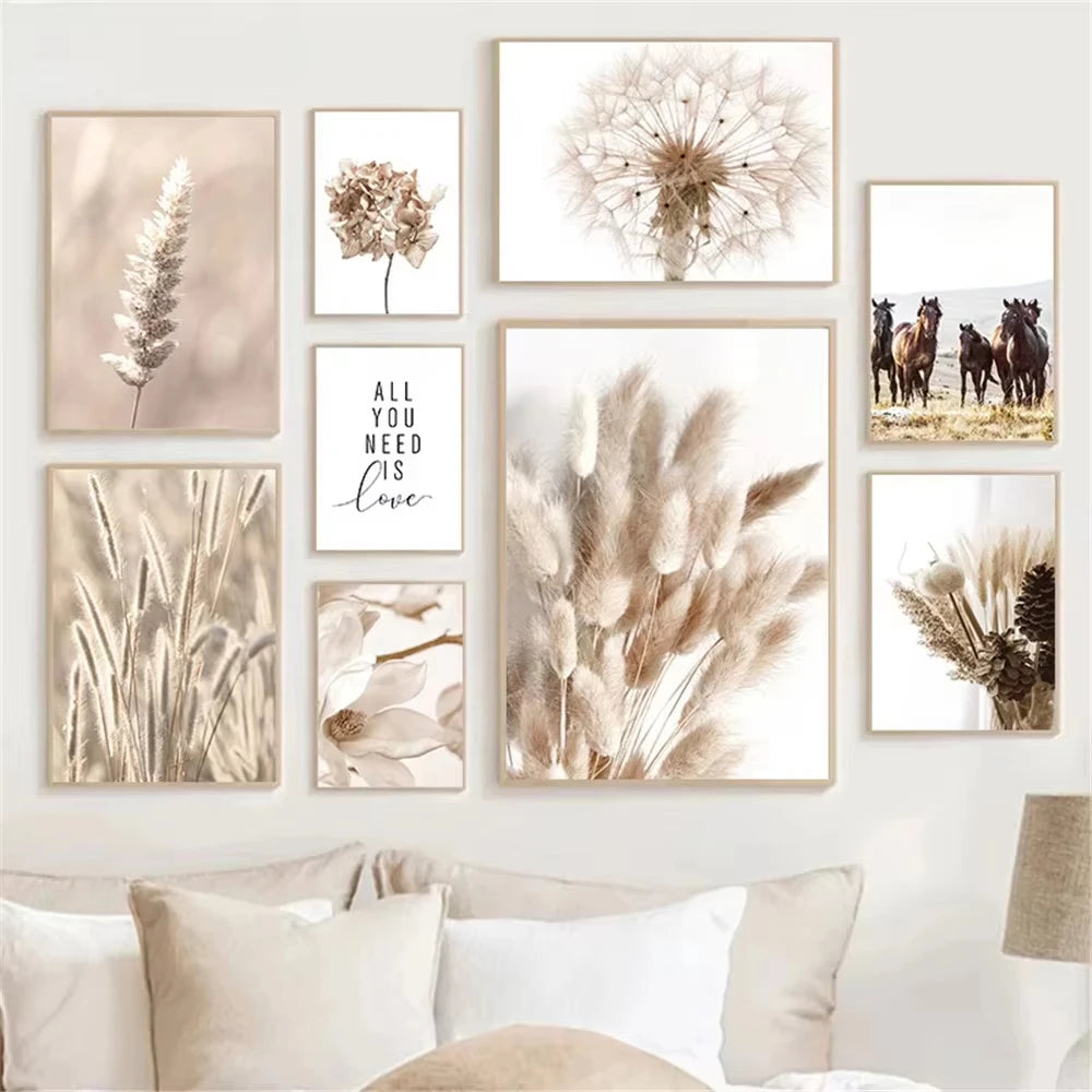 Affiche Murale – Fleurs Séchées, Pissenlit & Cheval | Impression sur Toile