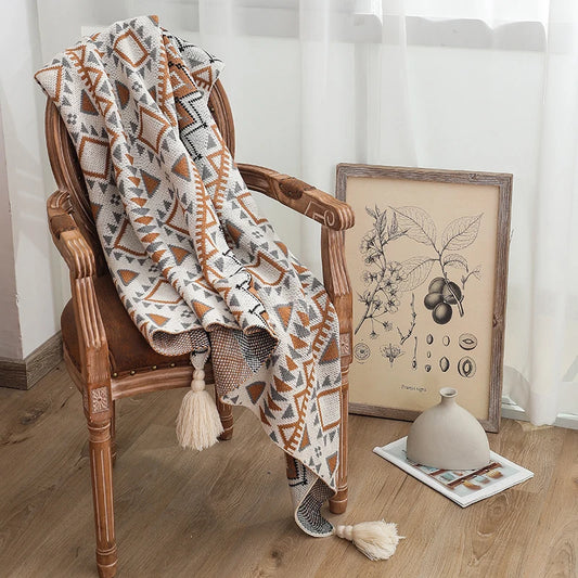 Camel Bohemian Plaid with Pompoms – Tribal Pattern